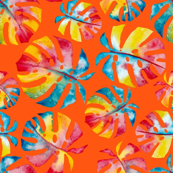 Patrón Sin Costuras Acuarela Con Hojas Tropicales Abstractas Coloridas Estampado —  Fotos de Stock