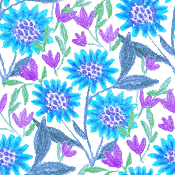 Creative Seamless Pattern Abstract Flowers Drawn Wax Crayons Bright Colorful — Stock Photo, Image