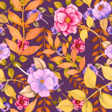 Çiçeklerle suluboya kusursuz desen. Klasik çiçek desenleri. Çiçeksiz desen. Botanik sanatı. Çiçek botanik koleksiyonu. Çiçek seti. Suluboya botanik tasarımı.