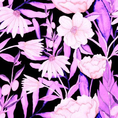 Çiçeklerle suluboya kusursuz desen. Klasik çiçek desenleri. Çiçeksiz desen. Botanik sanatı. Çiçek botanik koleksiyonu. Çiçek seti. Suluboya botanik tasarımı.