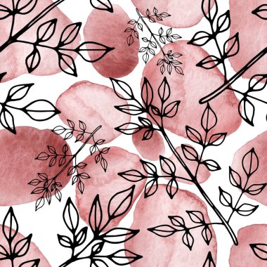 Çizgili sanat çiçekleri ve suluboya lekeleri olan yaratıcı kusursuz desen. Moda soyut modern vintage baskı.