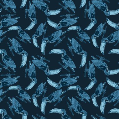 Tukanla dikişsiz suluboya desen. Tropik kuşlu ve yapraklı egzotik botanik orman duvar kağıdı. Parlak yaz şablonu geçmişi.