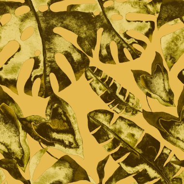 Renkli ve soyut tropikal yapraklı suluboya desenli. Egzotik bitkilerle dolu parlak yaz baskısı. Yaratıcı trend botanik tekstil tasarımı.