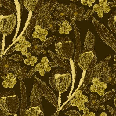 Balmumu pastel boyalarla çizilmiş soyut çiçekleri olan yaratıcı, pürüzsüz desen. Parlak renkli çiçek deseni.