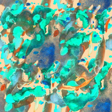 Suluboya, soyut, kusursuz desen. Parlak el yapımı elementlerle yaratıcı doku. Soyut renkli yazdırma.