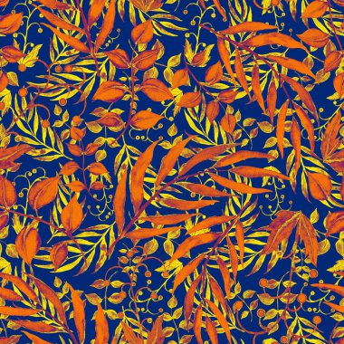 Vintage yapraklı suluboya desenli. Dekoratif tasarım için renkli yaprakları olan güzel bir botanik baskısı. Parlak bahar ya da yaz arkaplanı. Klasik düğün dekoru. Tekstil tasarımı.