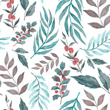 Vintage yapraklı suluboya desenli. Dekoratif tasarım için renkli yaprakları olan güzel bir botanik baskısı. Parlak bahar ya da yaz arkaplanı. Klasik düğün dekoru. Tekstil tasarımı.