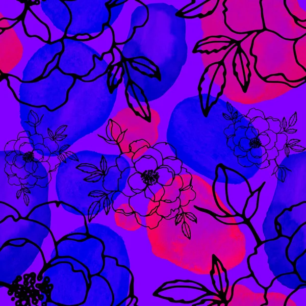 Δημιουργική Αδιάλειπτη Μοτίβο Λουλούδια Γραμμή Τέχνη Και Φύλλα Λεκέδες Ακουαρέλα — Φωτογραφία Αρχείου