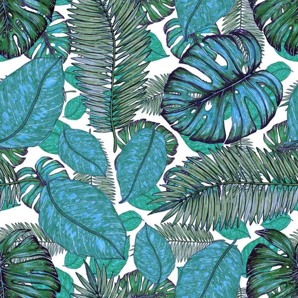 Watercolor Seamless Pattern Tropical Leaves Beautiful Allover Print Hand Drawn — Stock Photo, Image