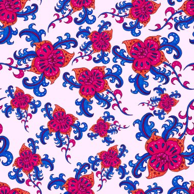 Çiçekli ve yapraklı suluboya desenler etnik tarzda. Çiçek süsleme. Geleneksel şal deseni. Tekstil tasarım dokusu. Kabilesel etnik klasik dikişsiz model..