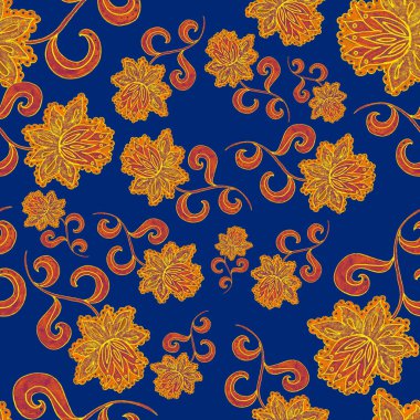 Çiçekli ve yapraklı suluboya desenler etnik tarzda. Çiçek süsleme. Geleneksel şal deseni. Tekstil tasarım dokusu. Kabilesel etnik klasik dikişsiz model..