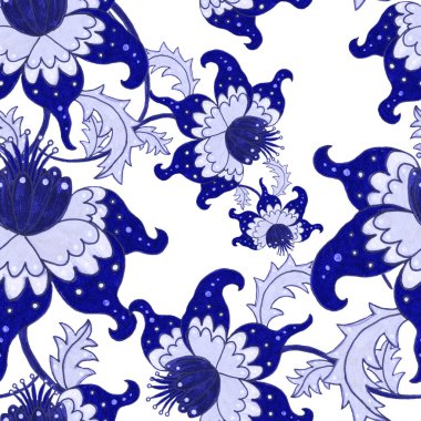 Çiçekli ve yapraklı suluboya desenler etnik tarzda. Çiçek süsleme. Geleneksel şal deseni. Tekstil tasarım dokusu. Kabilesel etnik klasik dikişsiz model..