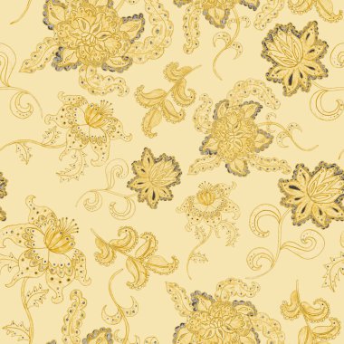 Çiçekli ve yapraklı suluboya desenler etnik tarzda. Çiçek süsleme. Geleneksel şal deseni. Tekstil tasarım dokusu. Kabilesel etnik klasik dikişsiz model..