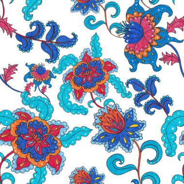 Çiçekli ve yapraklı suluboya desenler etnik tarzda. Çiçek süsleme. Geleneksel şal deseni. Tekstil tasarım dokusu. Kabilesel etnik klasik dikişsiz model..