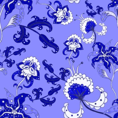 Çiçekli ve yapraklı suluboya desenler etnik tarzda. Çiçek süsleme. Geleneksel şal deseni. Tekstil tasarım dokusu. Kabilesel etnik klasik dikişsiz model..