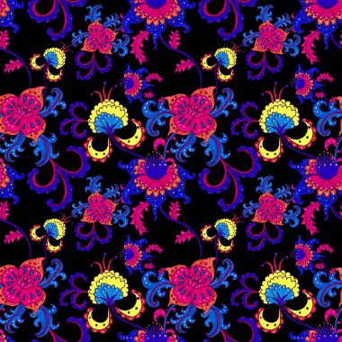 Çiçekli ve yapraklı suluboya desenler etnik tarzda. Çiçek süsleme. Geleneksel şal deseni. Tekstil tasarım dokusu. Kabilesel etnik klasik dikişsiz model..