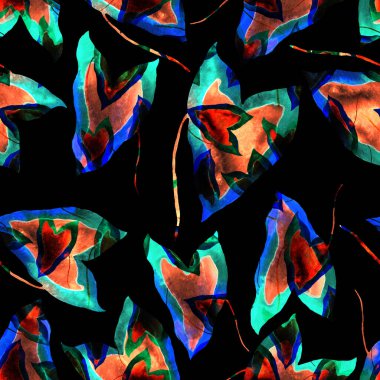 Renkli ve soyut tropikal yapraklı suluboya desenli. Egzotik bitkilerle dolu parlak yaz baskısı. Yaratıcı trend botanik tekstil tasarımı.