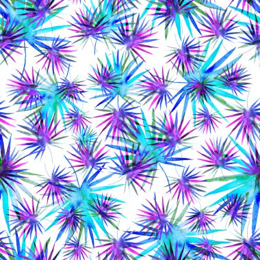 Renkli ve soyut tropikal yapraklı suluboya desenli. Egzotik bitkilerle dolu parlak yaz baskısı. Yaratıcı trend botanik tekstil tasarımı.