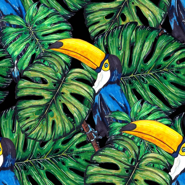 Acquerello Modello Senza Soluzione Continuità Con Toucan Esotici Carta Parati — Foto Stock