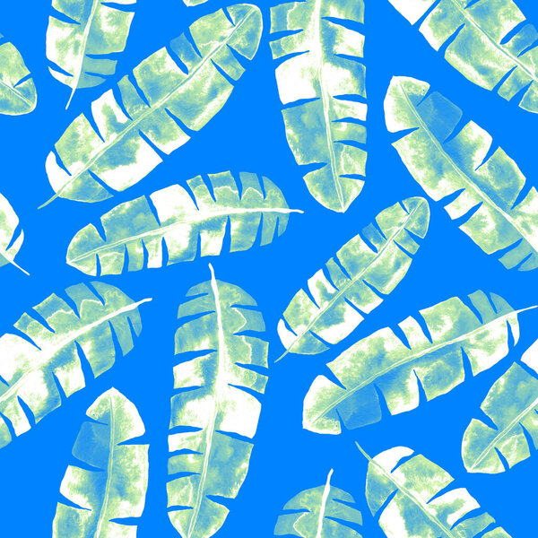 Watercolor seamless pattern with colorful abstract tropical leaves. Bright summer print with exotic plants. Creative trendy botanical textile design.