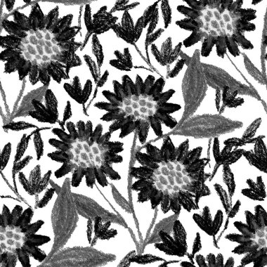 Balmumu pastel boyalarla çizilmiş soyut çiçekleri olan yaratıcı, pürüzsüz desen. Parlak renkli çiçek deseni.