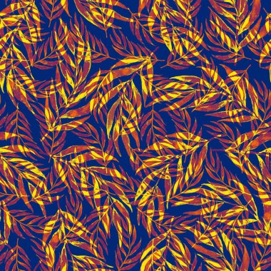 Vintage yapraklı suluboya desenli. Dekoratif tasarım için renkli yaprakları olan güzel bir botanik baskısı. Parlak bahar ya da yaz arkaplanı. Klasik düğün dekoru. Tekstil tasarımı.