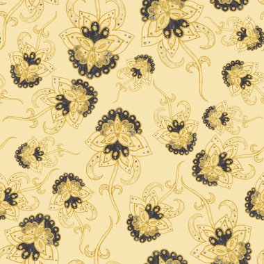 Çiçekli ve yapraklı suluboya desenler etnik tarzda. Çiçek süsleme. Geleneksel şal deseni. Tekstil tasarım dokusu. Kabilesel etnik klasik dikişsiz model..