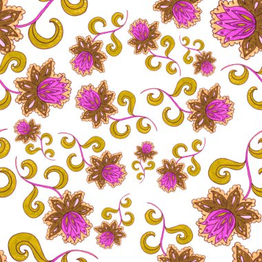 Çiçekli ve yapraklı suluboya desenler etnik tarzda. Çiçek süsleme. Geleneksel şal deseni. Tekstil tasarım dokusu. Kabilesel etnik klasik dikişsiz model..