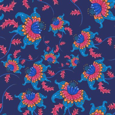 Çiçekli ve yapraklı suluboya desenler etnik tarzda. Çiçek süsleme. Geleneksel şal deseni. Tekstil tasarım dokusu. Kabilesel etnik klasik dikişsiz model..