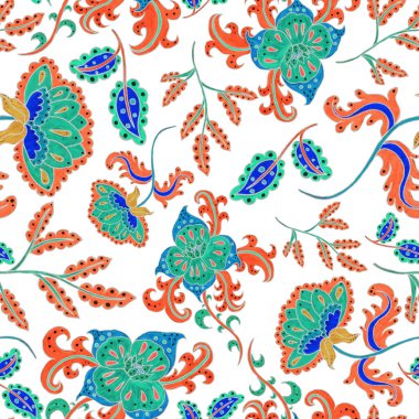 Çiçekli ve yapraklı suluboya desenler etnik tarzda. Çiçek süsleme. Geleneksel şal deseni. Tekstil tasarım dokusu. Kabilesel etnik klasik dikişsiz model..