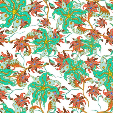 Çiçekli ve yapraklı suluboya desenler etnik tarzda. Çiçek süsleme. Geleneksel şal deseni. Tekstil tasarım dokusu. Kabilesel etnik klasik dikişsiz model..