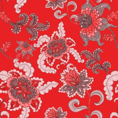 Çiçekli ve yapraklı suluboya desenler etnik tarzda. Çiçek süsleme. Geleneksel şal deseni. Tekstil tasarım dokusu. Kabilesel etnik klasik dikişsiz model..