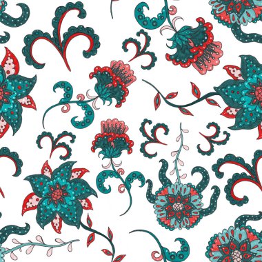 Çiçekli ve yapraklı suluboya desenler etnik tarzda. Çiçek süsleme. Geleneksel şal deseni. Tekstil tasarım dokusu. Kabilesel etnik klasik dikişsiz model..