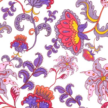 Çiçekli ve yapraklı suluboya desenler etnik tarzda. Çiçek süsleme. Geleneksel şal deseni. Tekstil tasarım dokusu. Kabilesel etnik klasik dikişsiz model..