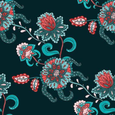 Çiçekli ve yapraklı suluboya desenler etnik tarzda. Çiçek süsleme. Geleneksel şal deseni. Tekstil tasarım dokusu. Kabilesel etnik klasik dikişsiz model..