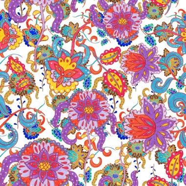 Çiçekli ve yapraklı suluboya desenler etnik tarzda. Çiçek süsleme. Geleneksel şal deseni. Tekstil tasarım dokusu. Kabilesel etnik klasik dikişsiz model..