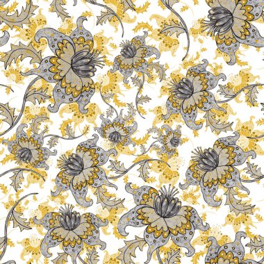 Çiçekli ve yapraklı suluboya desenler etnik tarzda. Çiçek süsleme. Geleneksel şal deseni. Tekstil tasarım dokusu. Kabilesel etnik klasik dikişsiz model..