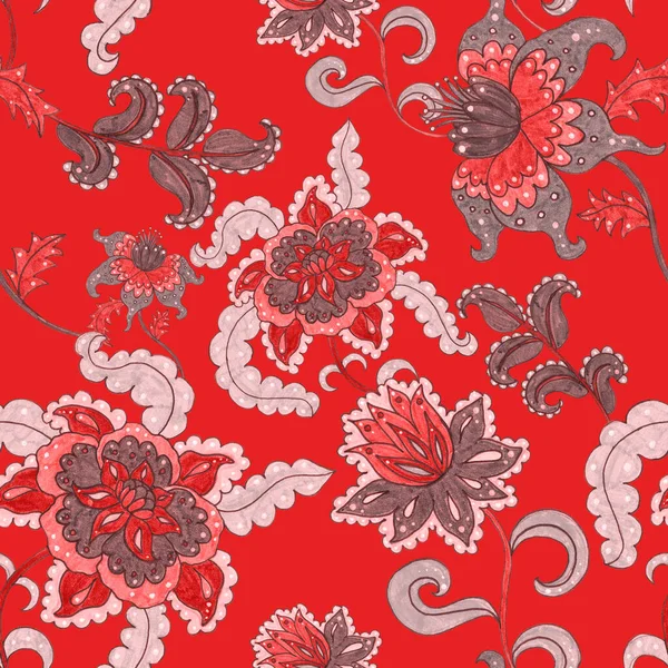 Çiçekli ve yapraklı suluboya desenler etnik tarzda. Çiçek süsleme. Geleneksel şal deseni. Tekstil tasarım dokusu. Kabilesel etnik klasik dikişsiz model..