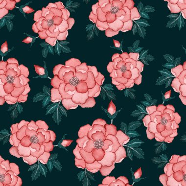 Çiçeklerle suluboya kusursuz desen. Klasik çiçek desenleri. Çiçeksiz desen. Botanik sanatı. Çiçek botanik koleksiyonu. Çiçek seti. Suluboya botanik tasarımı.