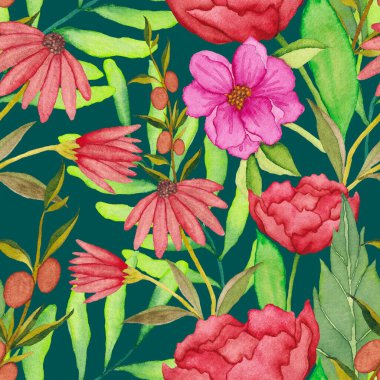 Çiçeklerle suluboya kusursuz desen. Klasik çiçek desenleri. Çiçeksiz desen. Botanik sanatı. Çiçek botanik koleksiyonu. Çiçek seti. Suluboya botanik tasarımı.