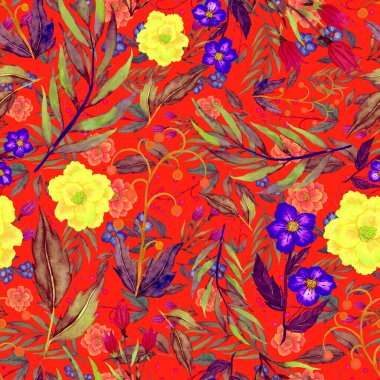 Çiçeklerle suluboya kusursuz desen. Klasik çiçek desenleri. Çiçeksiz desen. Botanik sanatı. Çiçek botanik koleksiyonu. Çiçek seti. Suluboya botanik tasarımı.