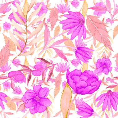 Çiçeklerle suluboya kusursuz desen. Klasik çiçek desenleri. Çiçeksiz desen. Botanik sanatı. Çiçek botanik koleksiyonu. Çiçek seti. Suluboya botanik tasarımı.