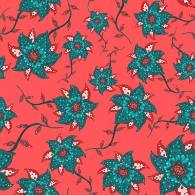 Çiçekli ve yapraklı suluboya desenler etnik tarzda. Çiçek süsleme. Geleneksel şal deseni. Tekstil tasarım dokusu. Kabilesel etnik klasik dikişsiz model..