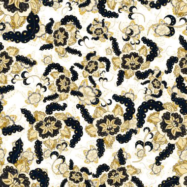 Çiçekli ve yapraklı suluboya desenler etnik tarzda. Çiçek süsleme. Geleneksel şal deseni. Tekstil tasarım dokusu. Kabilesel etnik klasik dikişsiz model..