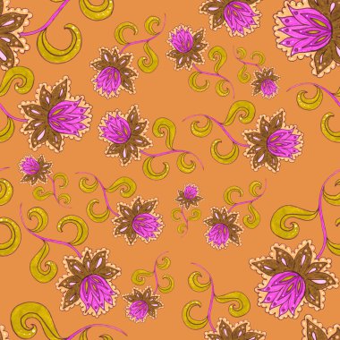 Çiçekli ve yapraklı suluboya desenler etnik tarzda. Çiçek süsleme. Geleneksel şal deseni. Tekstil tasarım dokusu. Kabilesel etnik klasik dikişsiz model..