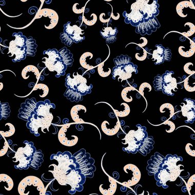 Çiçekli ve yapraklı suluboya desenler etnik tarzda. Çiçek süsleme. Geleneksel şal deseni. Tekstil tasarım dokusu. Kabilesel etnik klasik dikişsiz model..