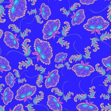 Çiçekli ve yapraklı suluboya desenler etnik tarzda. Çiçek süsleme. Geleneksel şal deseni. Tekstil tasarım dokusu. Kabilesel etnik klasik dikişsiz model..