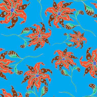 Çiçekli ve yapraklı suluboya desenler etnik tarzda. Çiçek süsleme. Geleneksel şal deseni. Tekstil tasarım dokusu. Kabilesel etnik klasik dikişsiz model..