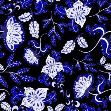 Çiçekli ve yapraklı suluboya desenler etnik tarzda. Çiçek süsleme. Geleneksel şal deseni. Tekstil tasarım dokusu. Kabilesel etnik klasik dikişsiz model..