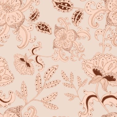 Çiçekli ve yapraklı suluboya desenler etnik tarzda. Çiçek süsleme. Geleneksel şal deseni. Tekstil tasarım dokusu. Kabilesel etnik klasik dikişsiz model..